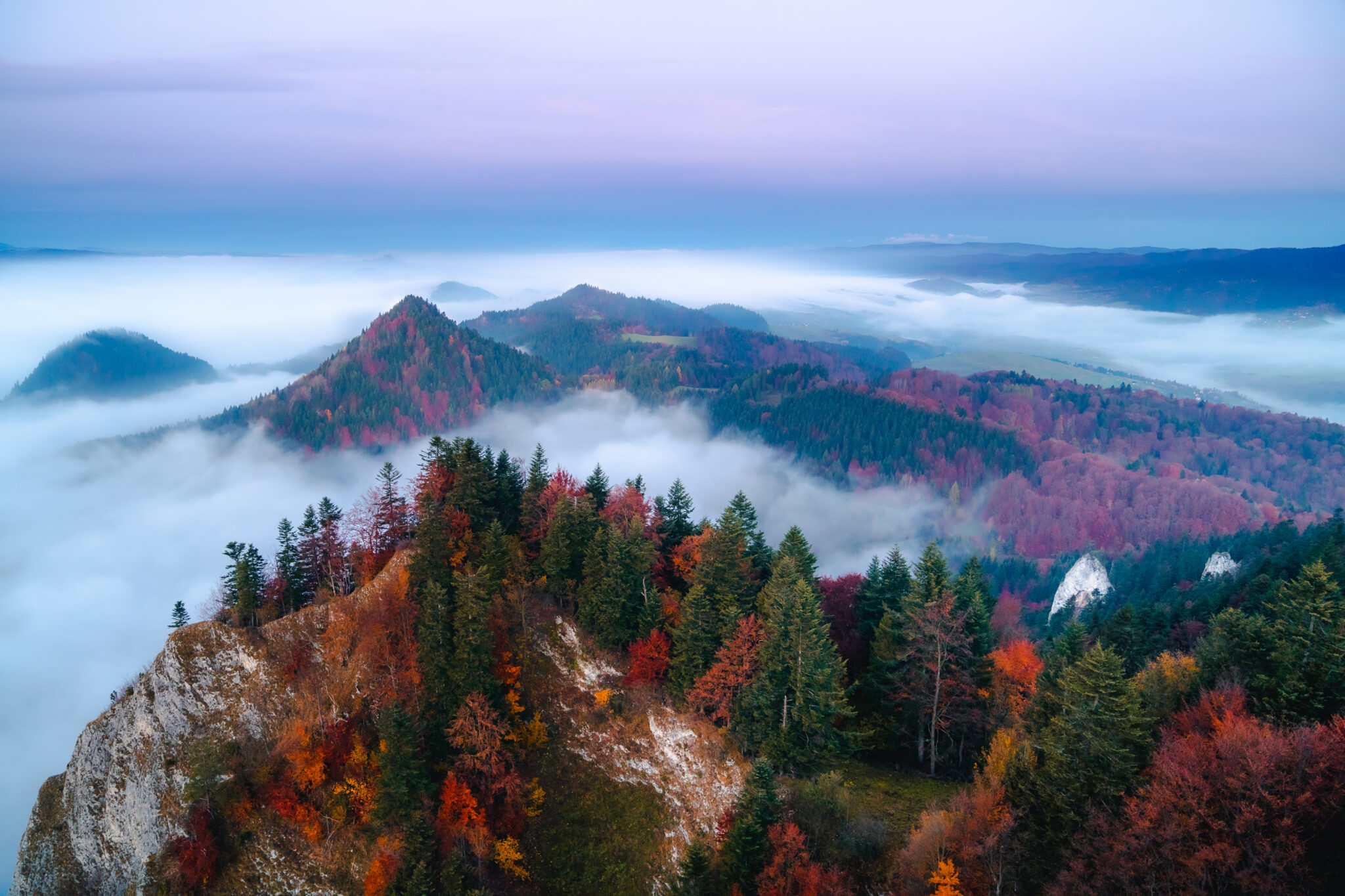 Jesienny las porastający szczyty Pienin we mgle